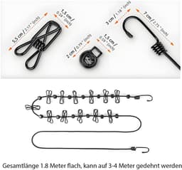 Dailygoods- Waslijn Draagbaar - Oprolbaar - Elastisch - 12 Klemmen - Uittrekbaar 180/360 cm - Lichtgewicht en Compact - Reiswaslijn — thumbnail 5
