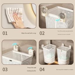 KZQ Wall-Mounted Laundry Basket With Suction Cups Foldable Carbon Steel Frame & Mesh Storage For Bathroom/Bedroom Organization Space Efficient Bathroom Clothes Bin — thumbnail 2