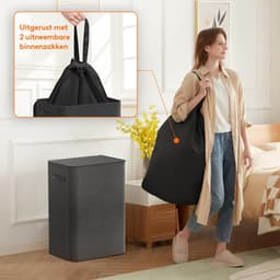 Wasmand - Grote wasmand met deksel - 80 liter zwart - Vuile kledingmand - Met afneembare zakken - Geschikt voor badkamer en slaapkamer — thumbnail 2