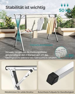LUMÈ STORE Droogrek Inklapbaar – Uitschuifbaar Wasrek 133-200 cm – Staand Kledingrek – RVS Metaal – 50 kg Draagvermogen - Zilver — thumbnail 2