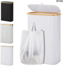RFWR® Wasmand met Deksel - 48 Liter Smal en Opvouwbaar met Waszak - Houten en Bamboe Design — thumbnail 1