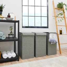 Set van 3: 50L Wasmand met Deksel - 30x30x60 Wasverzamelaar met Houten Frame - Wasbox Opvouwbaar — thumbnail 4