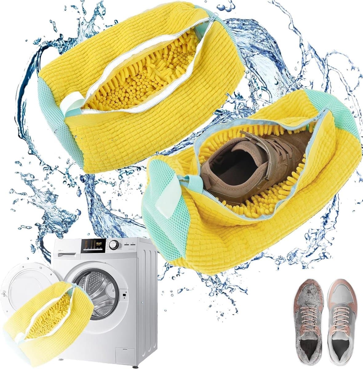 Schoenenwaszak sneakers, wasmachine schoenenwaszak upgrade met dempingsbescherming en ritssluiting,wasnet voor sneakers 39x19cm waszak voor sportschoenen (geel) — afbeelding 1