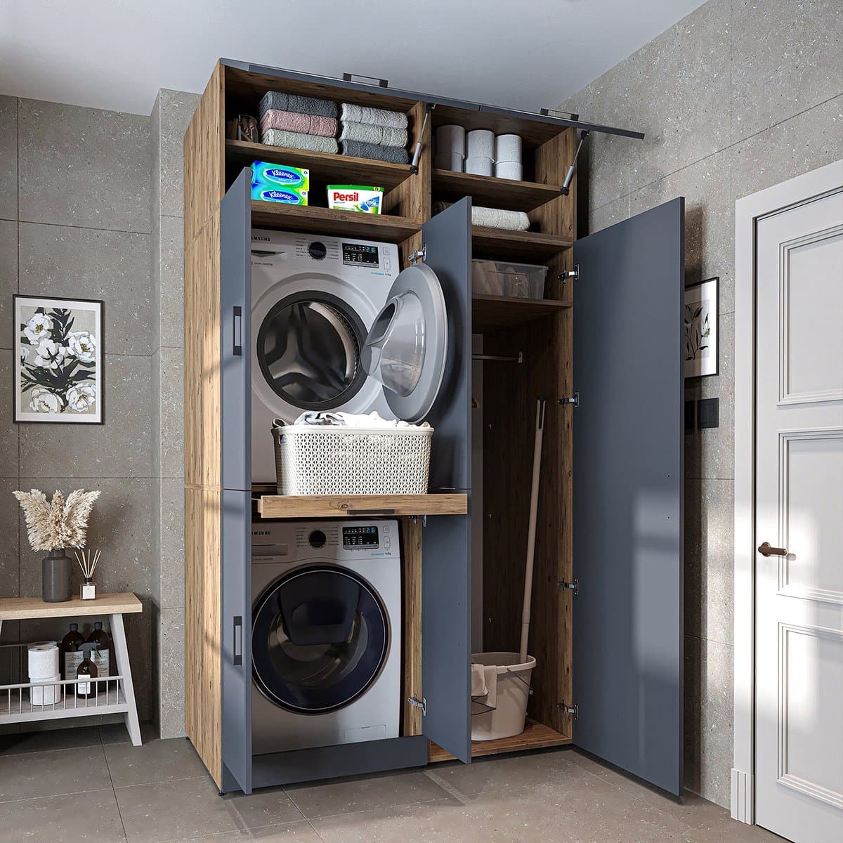 Roomart DORA-I Wasmachine Ombouwkast 130x230 cm met Opzetkast - Antraciet Eiken — afbeelding 1