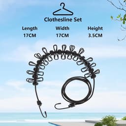 2 Stuks Draagbare Wastlijn met 10 Extra Clips + 8 Leren Haken Set, Reiswastlijn met 12 Klemmen & 13 Bevestigingsbogen, Camping Wastlijn voor Kamperen, Tuin, Balkon, Camper (Zwart/Wit) — thumbnail 5