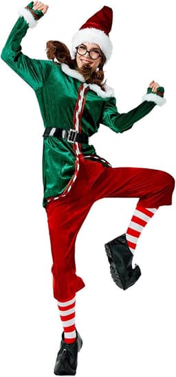 Elf Kostuum dames Kerstman kostuum Fluwelen elfenoutfit voor volwassenen voor Xmas Cosplay Pak Groen Rood Party Kostuum,Groen,XL — thumbnail 4
