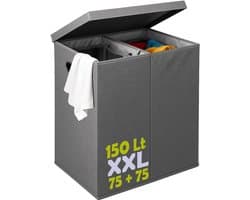 Vuile wasmand 150 l met 2 vakken, dubbele mand met uitneembare waszakken, sorteerbak met metalen handgrepen, geurdicht deksel, 64 x 36 x 65 cm