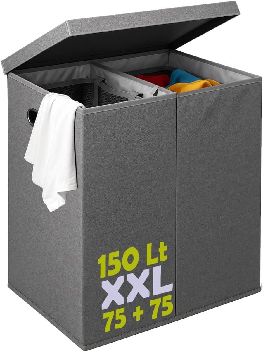 Vuile wasmand 150 l met 2 vakken, dubbele mand met uitneembare waszakken, sorteerbak met metalen handgrepen, geurdicht deksel, 64 x 36 x 65 cm — afbeelding 1