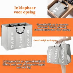 3 vakken, opvouwbaar, opbergtas met handvat, manden voor vuile was, 80 l, kleding, waszak voor slaapkamer, hotel, slaapzaal, 60 x 32 x 49 cm, donkergrijs — thumbnail 3