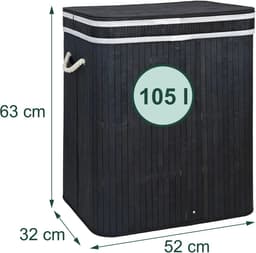 Wasmand 3 vakken - 105 l - opvouwbaar - bamboe - zwart — thumbnail 3