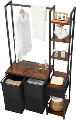 3-laags wasorganizer met rek, hoge wasmand met planken en vakken, vrijstaande opbergunit met 2 compartimenten, duurzame stoffen zakken en ladderplanken voor het sorteren van kleding — thumbnail 4