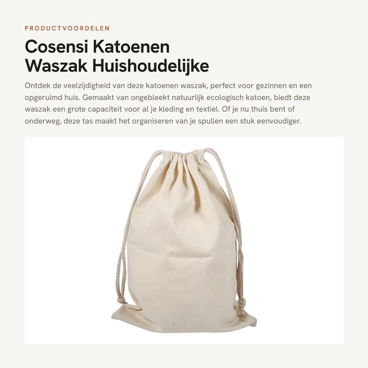 Dailygoods- Waszak Grote Capaciteit - Katoenen Waszak - Huishoudelijke Opslagzak - Reizen - Ecologisch Katoen - Sluiting met Koord - Opbergtas — afbeelding 1