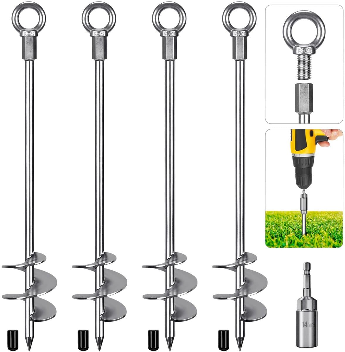 Grondanker, 76 cm Heavy Duty Tent Peg Schroef Trampoline Stake Aarde Zand Spiraal Wind Storm Spike voor Swing/Camping/Tent/Schuur/Hond/Carport met Vast Oogje, 4 Pack — afbeelding 1