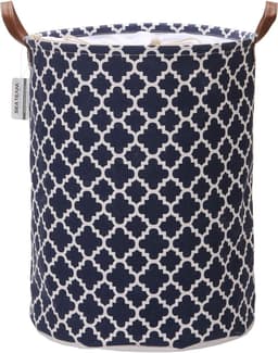 Team Marokkaans roosterpatroon Wasmand Canvas Wasmand Opvouwbare opbergbak met PU-lederen handgrepen en trekkoordsluiting, 19,7 bij 15,7 inch, waterdichte binnenkant, donkerblauw — thumbnail 1