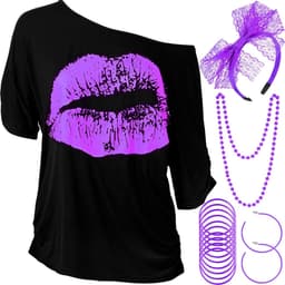 jaren 80 Kostuum Accessoires Set, Lips Print T-Shirt Kant Hoofdband Oorbellen Ketting Armband voor 80s Thema Party (Paars, XXL) — thumbnail 1