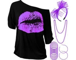 jaren 80 Kostuum Accessoires Set, Lips Print T-Shirt Kant Hoofdband Oorbellen Ketting Armband voor 80s Thema Party (Paars, XXL)