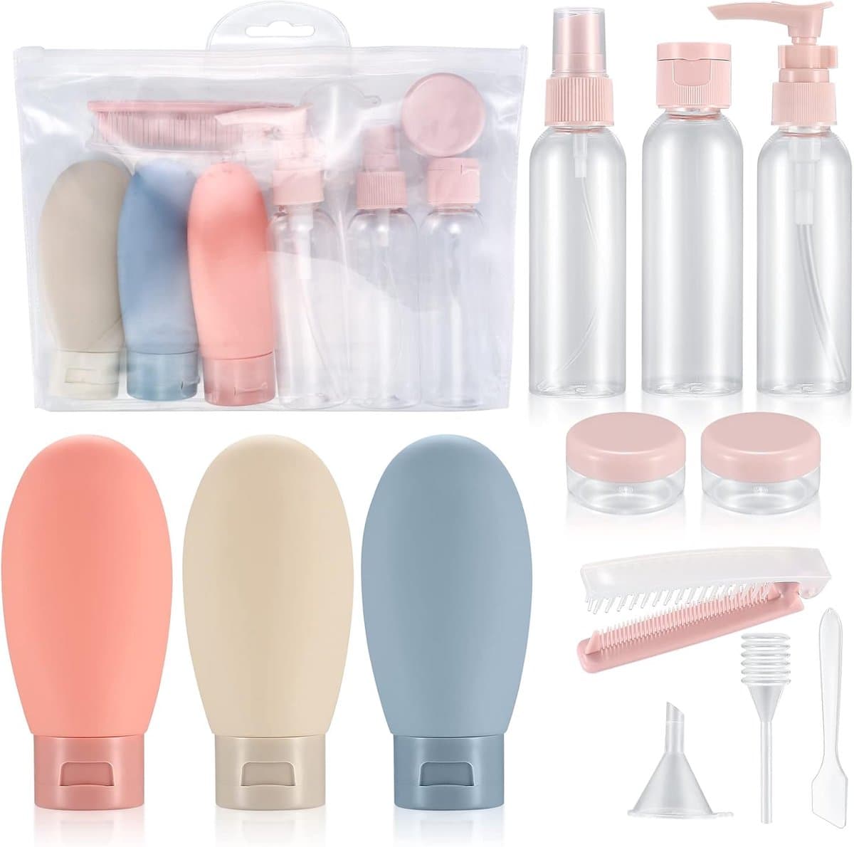 12-delige reisflessenset, 60 ml reisflessen en -containers | lege hervulbare knijpflessencontainers, samendrukbare reisflessenset voor reistoiletartikelen, shampoo, conditioner — afbeelding 1