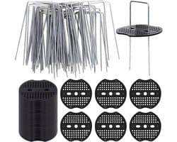 SnelShoppen - 50 Grondankers en 50 Buffer Disc, Roestvrije Stalen U-vormige Haringen voor Folie, Kunstgras, Schutting en Onkruiddoek, 150 x 40 mm, Dia