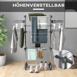 Droogtoren Verstelbaar Inklapbaar Met Wielen 142 X 55 X 152 Cm Staal Grijs Voor Binnen Kleding Sokken En Handdoeken — thumbnail 2