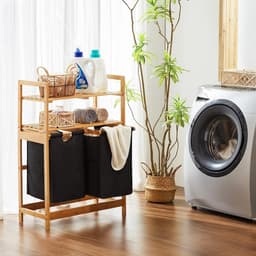 Wasmand van bamboeframe, wasverzamelaar met 2 planken, met 2 uittrekbare waszakken, geschikt voor slaapkamer, badkamer en waskeuken, 93 x 64 x 33 cm, zwart — thumbnail 5