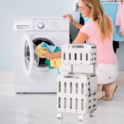 Wasmand op wielen - Kledingmand opbergmand - Kleding sorteren - Dubbellaags systeem - 47L x 41W x 14H cm - Wit — thumbnail 5