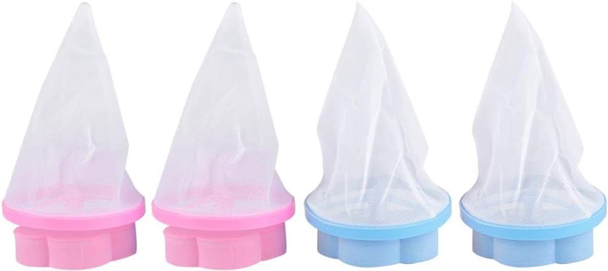 SnelShoppen - 4 Stuks Drijvende Was Riemen Herbruikbare Wasmachine Pluisvanger, Dierenharen Verwijderaar, Filter Mesh Zak, Blauw en Roze — afbeelding 1