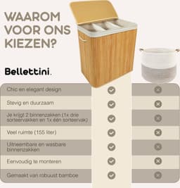 Bellettini® Bamboe Wasmand met Deksel - 3 Compartimenten Wassorteerder - 155 Liter - Naturel — thumbnail 4