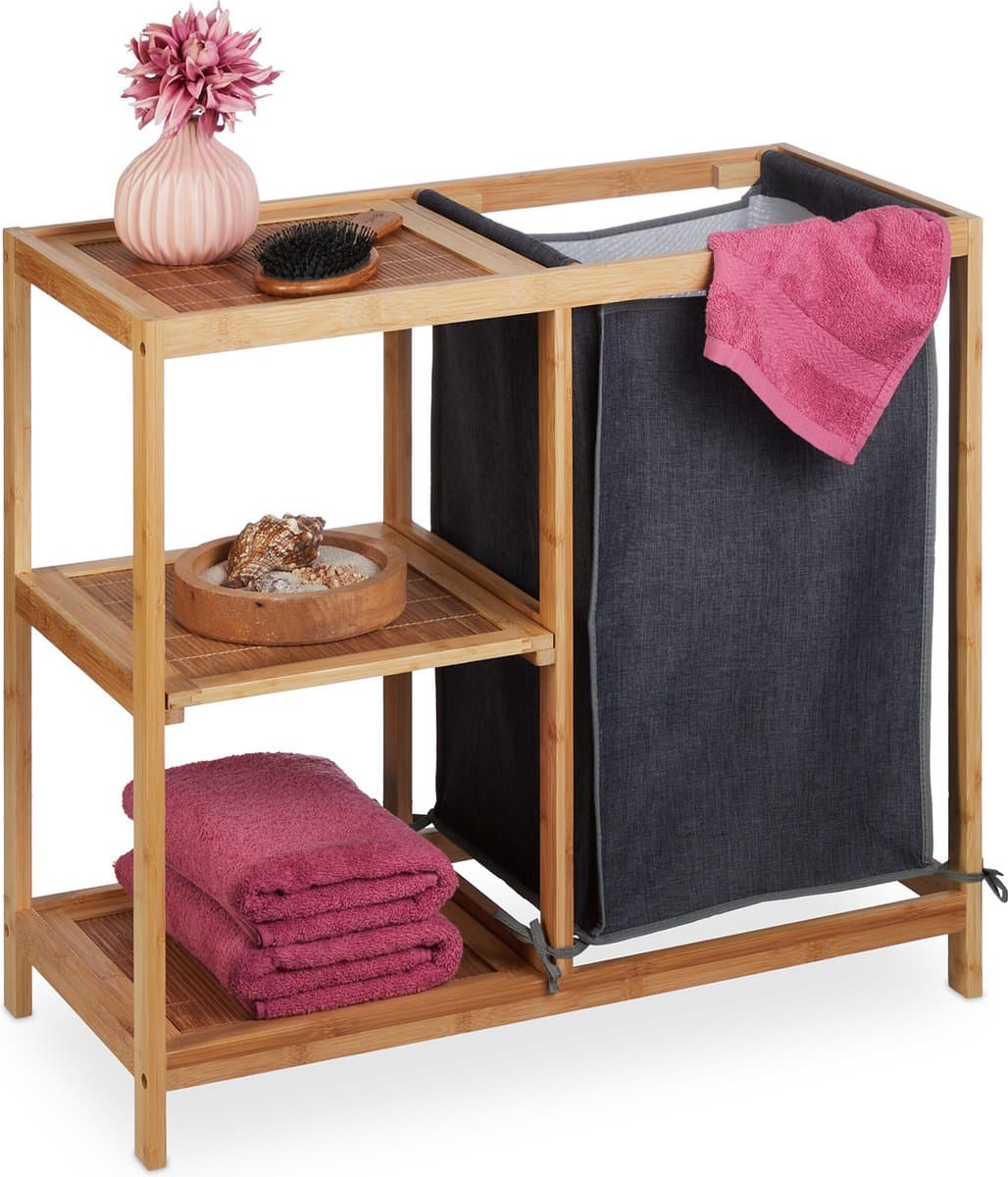 wasmand rek - bamboe - 3 planken - 65 x 68 x 33 cm - 50 l - badkamerrek - natuur-grijs — afbeelding 1