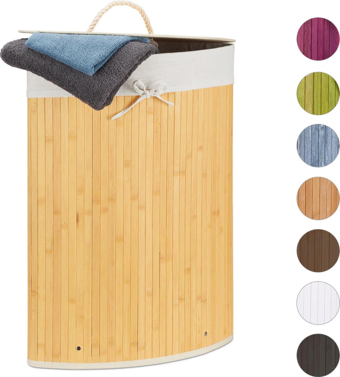 wasmand driehoek - 60 l - opvouwbaar - ruimtebesparend - met katoenen waszak - crème — afbeelding 1