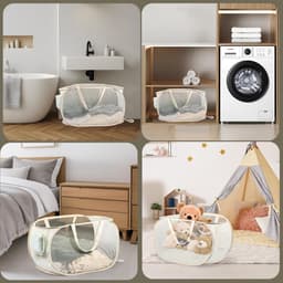 Set van 2 - Opvouwbare wasmand - Wasmand voor kleding - Wasmand voor vuile was - Gaasontwerp - Afmetingen: 34 x 34 x 60 cm - Met handvat - Geschikt voor badkamer, slaapkamer, studentenkamer, op reis en thuis - Beige — thumbnail 4