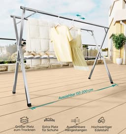 LUMÈ STORE Droogrek Inklapbaar – Uitschuifbaar Wasrek 133-200 cm – Staand Kledingrek – RVS Metaal – 50 kg Draagvermogen - Zilver — thumbnail 5