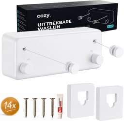 cozy.® Waslijn Uittrekbaar - Waslijndraad met stalen kern - Ook zonder boren - Wasdraad - Roldrooglijn - Drooglijn - Ruimtebesparend - 8.4 m (2x 4.2m) Drooglengte - Binnen en Buiten - Wit — thumbnail 1