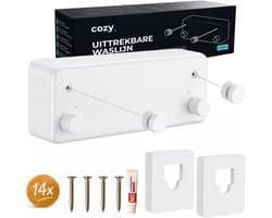 cozy.® Waslijn Uittrekbaar - Waslijndraad met stalen kern - Ook zonder boren - Wasdraad - Roldrooglijn - Drooglijn - Ruimtebesparend - 8.4 m (2x 4.2m) Drooglengte - Binnen en Buiten - Wit