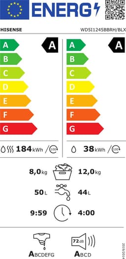 Hisense WD5I1245BBRH/BLX - Was-droogcombinatie - 12 kg was- en 8kg droogcapaciteit - 20 Programma's - ConnectLife - Jet Wash - Auto Dose - Stoomfuncties — thumbnail 2