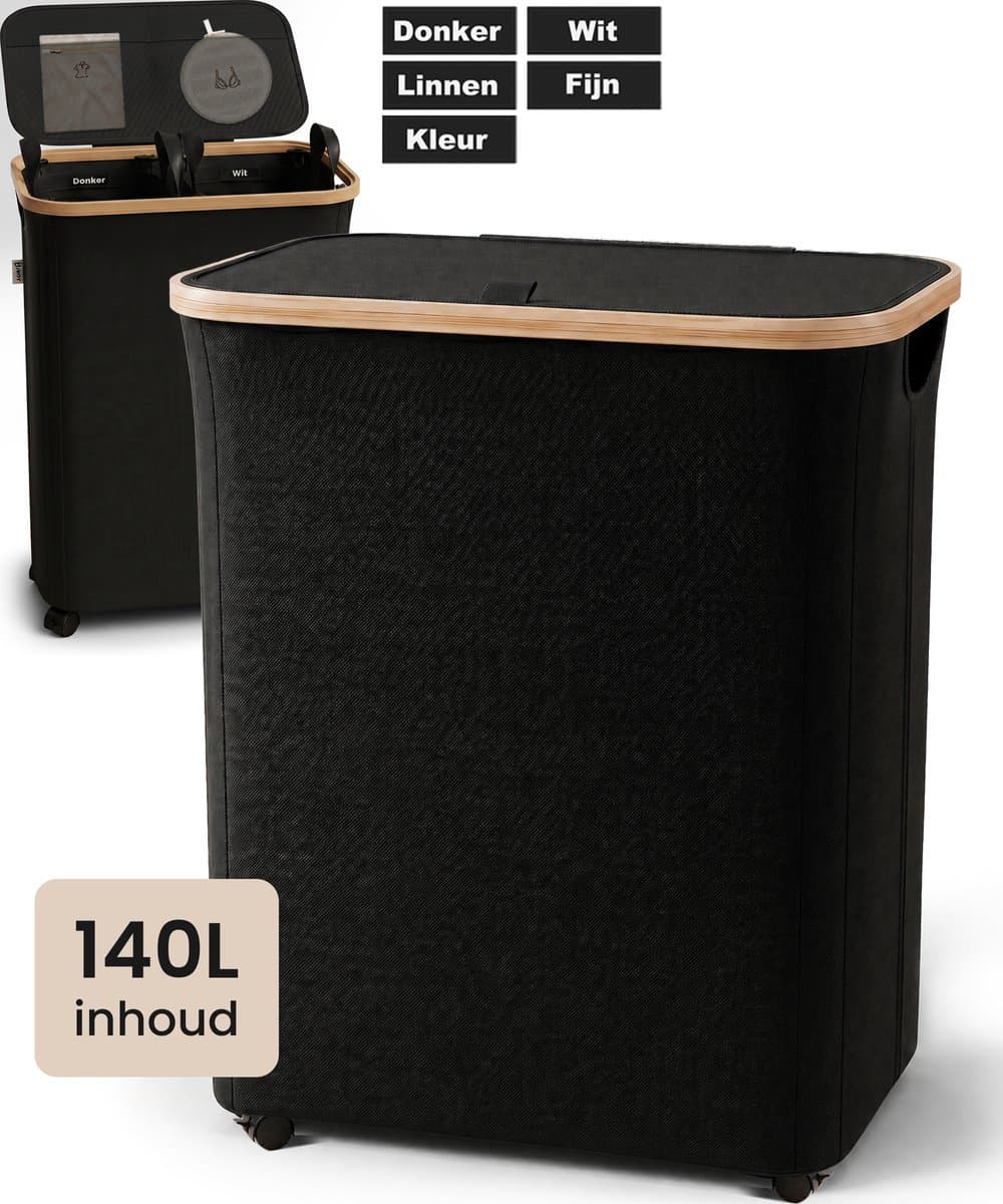 Wasmand 2 Vakken - Wassorteerder met Deksel - Wasbox op Wielen - 140L — afbeelding 1