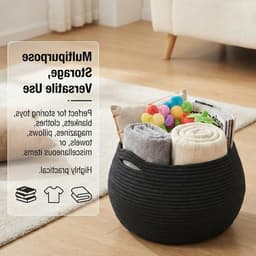 Kleine Wasmand, Opbergmand Gevlochten, Zwarte Wasmand, 25 x 21 cm, Rond, Vouwbaar, Multifunctionele Opbergoplossing voor Wasgoed, Handdoeken en Toiletpapier — thumbnail 2