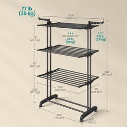 4-laags opvouwbaar vleugel-droogrek 63,5×128×173 cm zwart, verrijdbaar met wielen, opvouwbaar voor ruimtebesparing, hoog draagvermogen 35 kg, geschikt voor binnen- en buitengebruik, balkon/terras/wasruimte/gang — thumbnail 2