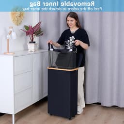 Wasmand met wieltjes - 75 liter - grijs/beige - bamboeframe — thumbnail 2