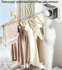 Kraftverdia® Uitschuifbare Drooglijn Voor Aan De Muur 5m – RVS-lijn 5 m, Vergrendeling, Max. 20 kg, Ruimtebesparend, ABS Behuizing, Wit — thumbnail 2