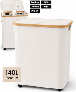 Wasmand 2 Vakken - Wassorteerder met Deksel - Wasbox op Wielen - 140L — thumbnail 1