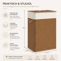 Celestul Wasmand met Deksel 72L – Bamboe Wasmand met Uitneembare Binnenzak en Handgrepen – Opvouwbare Wasbox voor Badkamer, Slaapkamer en Wasruimte – Bruin — thumbnail 2