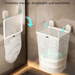 KZQ Wall-Mounted Laundry Basket With Suction Cups Foldable Carbon Steel Frame & Mesh Storage For Bathroom/Bedroom Organization Space Efficient Bathroom Clothes Bin — thumbnail 3