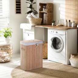 Wasmand, opvouwbare bamboe wasmand met deksel, voorzien van uitneembare binnenzak en 3 PU-handgrepen, afmetingen 40 x 30 x 60 cm (hoogte), beige — thumbnail 2