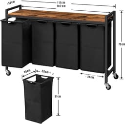 RUX® Wassorteerder 4 vakken - Wasmand 4 vakken 4x 39 Liter - Wasmand Met Opbergplank - Wassorteerder - Dubbele wasmand - Duo Wasmand – Wasmanden - Zwart - 111cm x 33cm x 75 cm — thumbnail 5