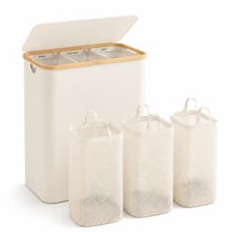 BOTC Wasmand 3 Vakken - Wassorteerder - 160L Capaciteit - Met 3 blanco etiketten - Bamboe Wasmand met Deksel - 75*57*37cm - Crème wit — thumbnail 1