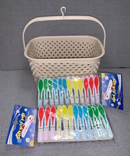Wasknijpermand - Kleine mand - Wassen drogen - Inclusief 24 knijpers - 22.5 x 15 x 14 cm - Ecru donkerblauw — thumbnail 3