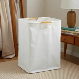 1 stuk - Wasmand - Katoen en linnen - Wasmand voor huishoudelijk gebruik - Handig - Opvouwbaar - Handzame opbergmand - Houten handvat - 30*30*40 cm - Gebroken wit — thumbnail 5