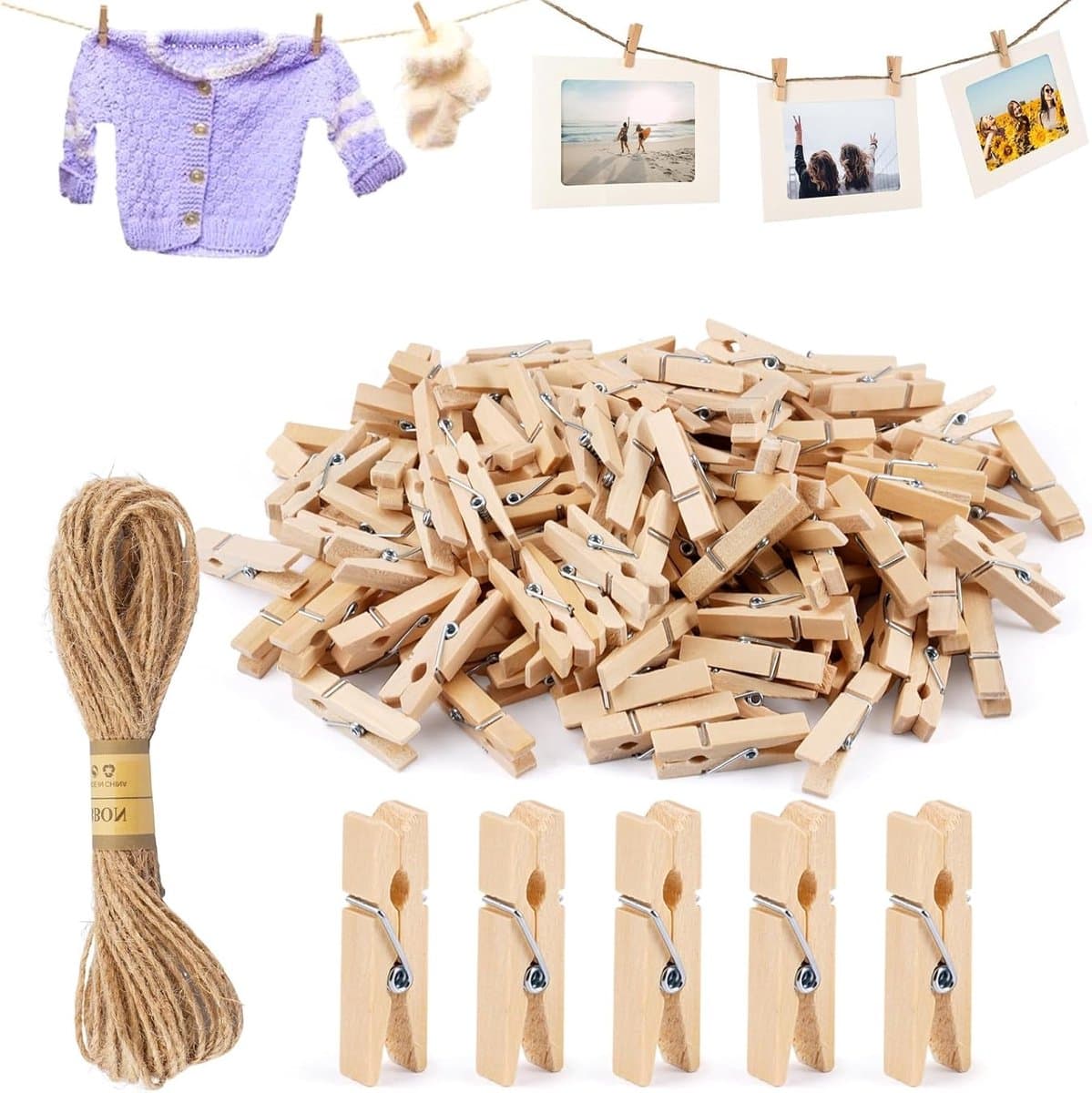 Houten Kledingknijpers 3,5 cm met 10 m Jute Touw - Herbruikbare Mini Klemmen voor Kleding, Foto's en Handwerk — afbeelding 1