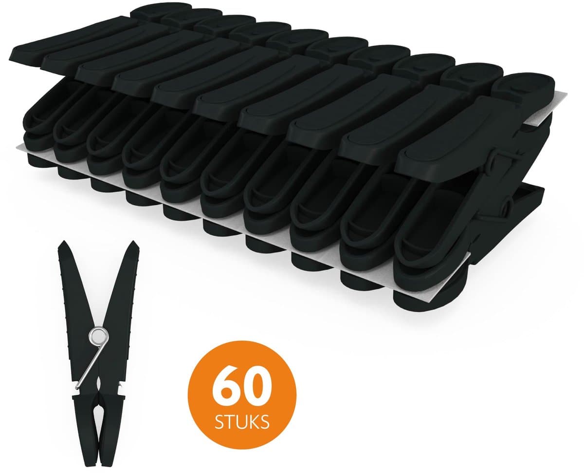 LaundrySpecialist Wasknijpers soft grip - Zwart - 60 stuks - extra lang en stevig - wasknijpers plastic - wasknijpers kunststof - gekleurde knijpers — afbeelding 1