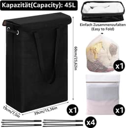 Dailygoods- Wasmand 45 Liter - Opvouwbaar - Met Deksel - Smal met Handvat - 2 Waszakken - Eenvoudig te Reinigen - Wasverzamelaar — thumbnail 2
